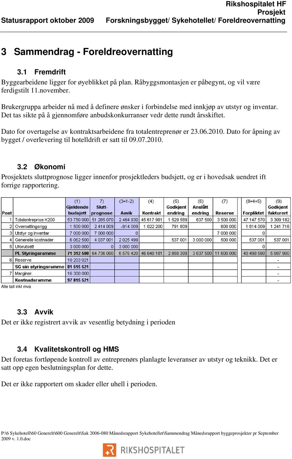 Dato for overtagelse av kontraktsarbeidene fra totalentreprenør er 23.06.2010. Dato for åpning av bygget / overlevering til hotelldrift er satt til 09.07.2010. 3.