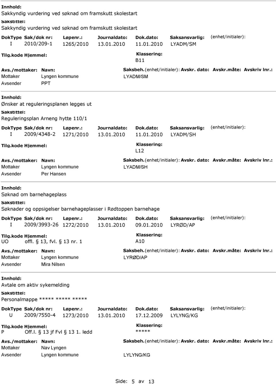 måte: Avskriv lnr.: LYADM/SH er Hansen Søknad om barnehageplass Søknader og oppsigelser barnehageplasser i Rødtoppen barnehage 2009/3993-26 1272/2010 09.01.2010 LYRØD/A O A10 Avs.