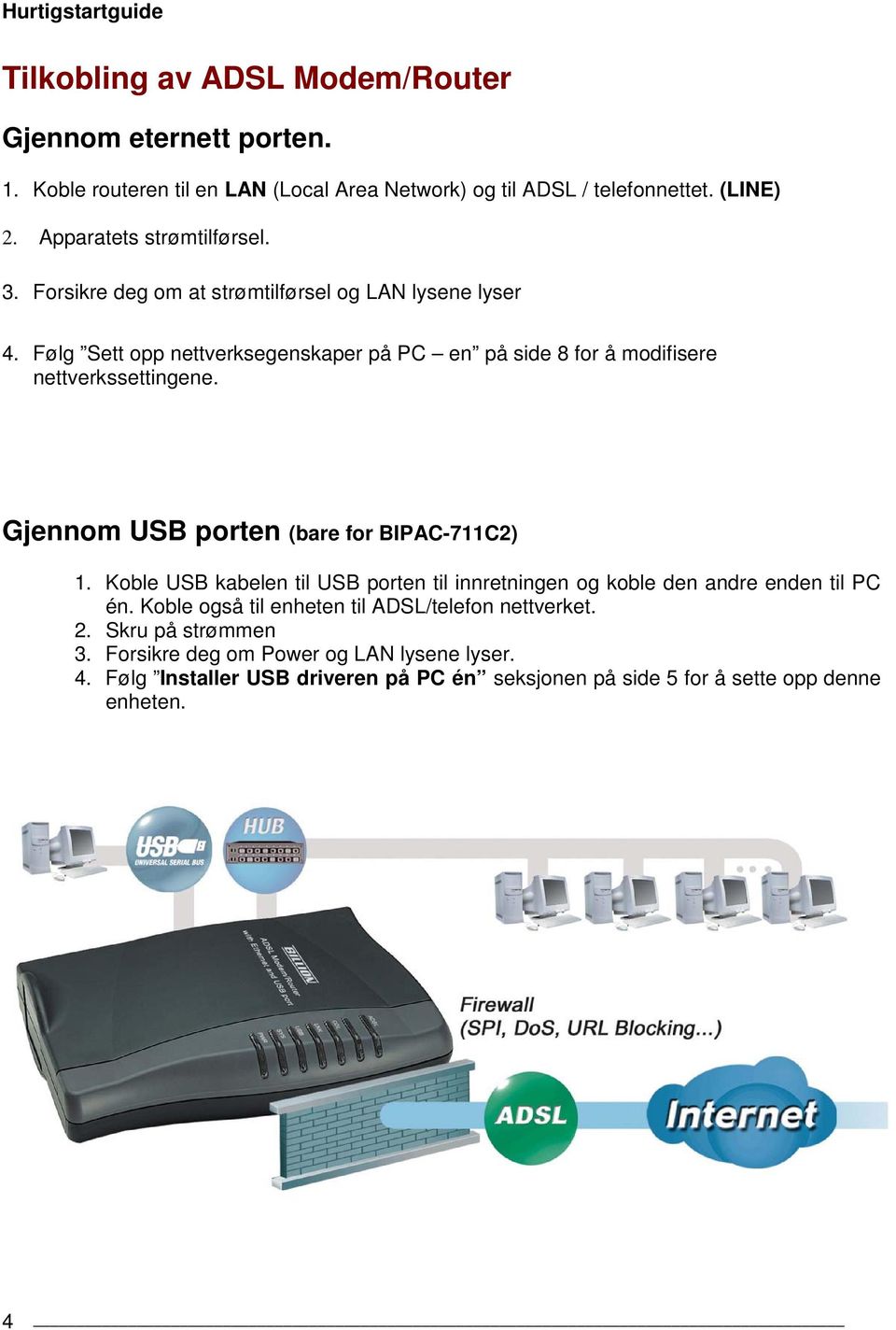 Følg Sett opp nettverksegenskaper på PC en på side 8 for å modifisere nettverkssettingene. Gjennom USB porten (bare for BIPAC-711C2) 1.