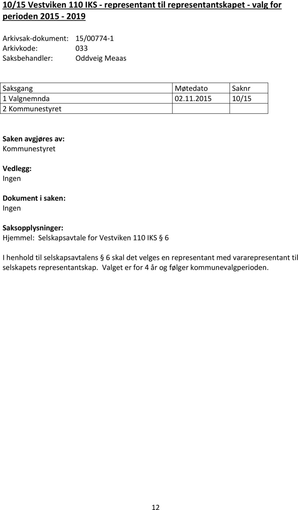 2015 10/15 Hjemmel: Selskapsavtale for Vestviken 110 IKS 6 I henhold til selskapsavtalens 6
