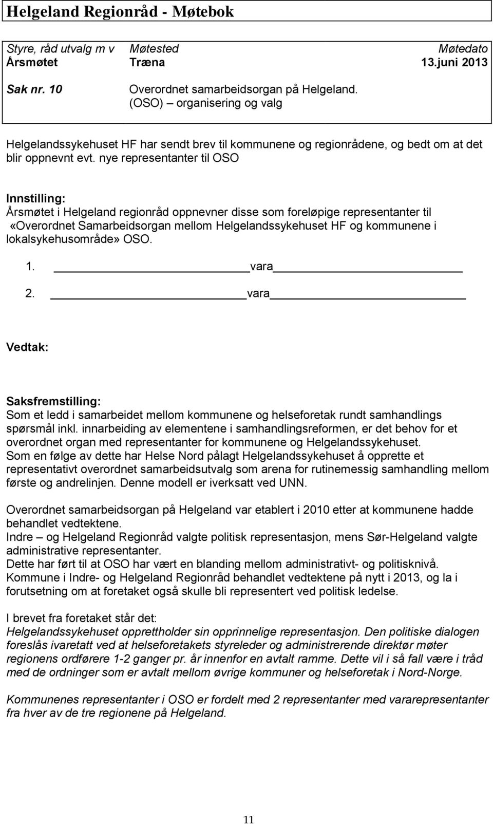 lokalsykehusområde» OSO. 1. vara 2. vara Saksfremstilling: Som et ledd i samarbeidet mellom kommunene og helseforetak rundt samhandlings spørsmål inkl.