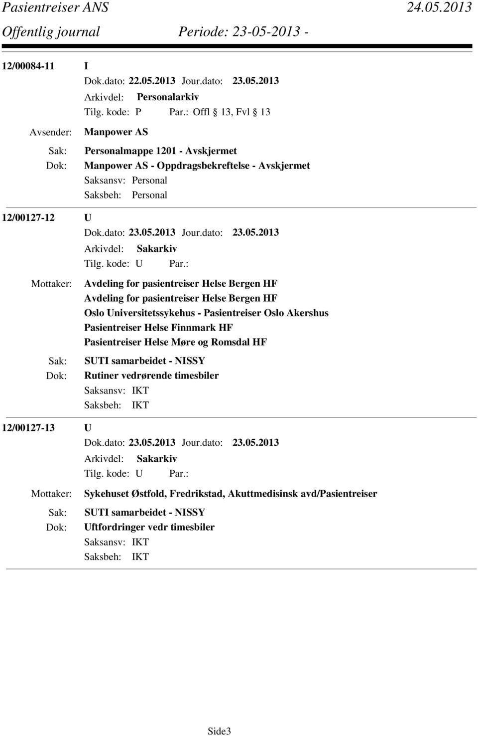 Pasientreiser Helse Møre og Romsdal HF SUTI samarbeidet - NISSY Rutiner vedrørende timesbiler 12/00127-13 U