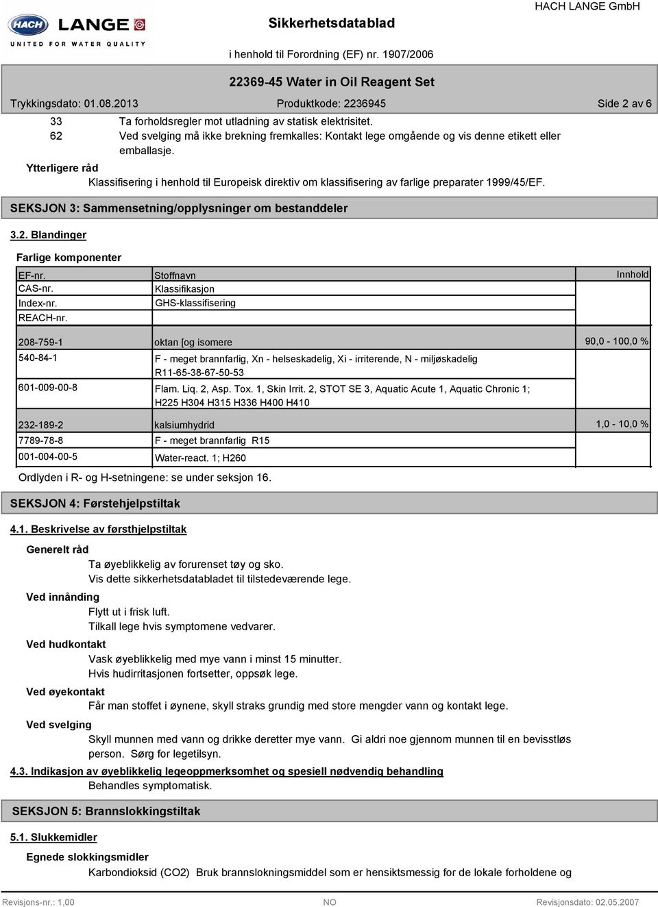 Blandinger Farlige komponenter EF-nr. CAS-nr. Index-nr. REACH-nr.