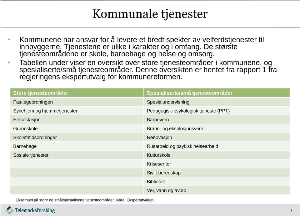 Denne oversikten er hentet fra rapport 1 fra regjeringens ekspertutvalg for kommunereformen.