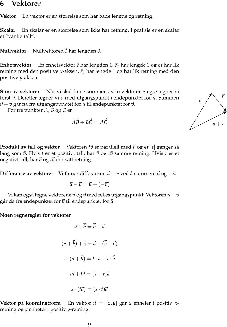 e y har lengde 1 og har lik retning med den positive y-aksen. Sum av vektorer Når vi skal finne summen av to vektorer u og v tegner vi først u.