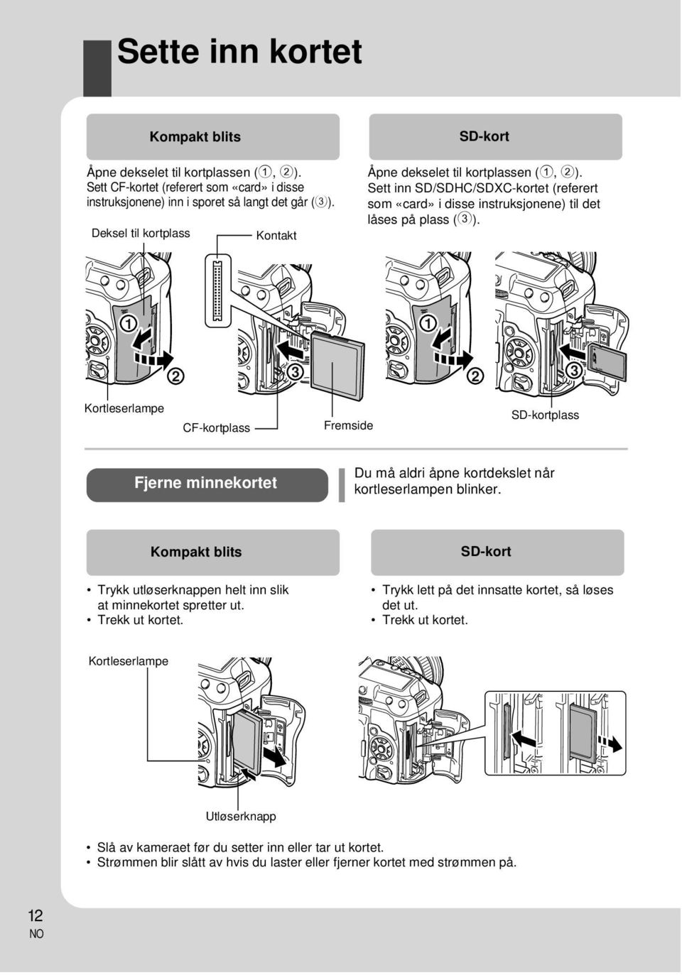 1 1 2 3 2 3 Kortleserlampe CF-kortplass Fremside SD-kortplass Fjerne minnekortet Du må aldri åpne kortdekslet når kortleserlampen blinker.