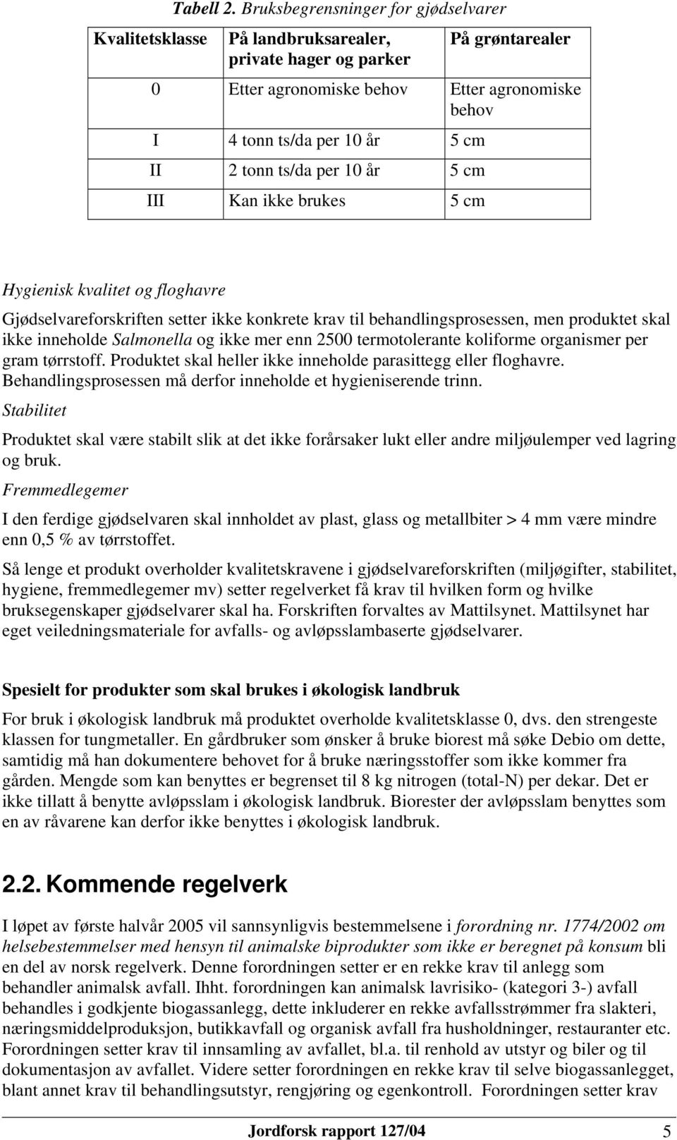 tonn ts/da per 10 år 5 cm III Kan ikke brukes 5 cm Hygienisk kvalitet og floghavre Gjødselvareforskriften setter ikke konkrete krav til behandlingsprosessen, men produktet skal ikke inneholde