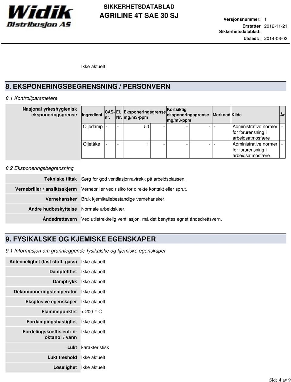 Kortsiktig Eksponeringsgrense eksponeringsgrense mg/m3ppm mg/m3ppm Merknad Kilde Oljedamp 50 Administrative normer for forurensning i arbeidsatmosfære Oljetåke 1 Administrative normer for