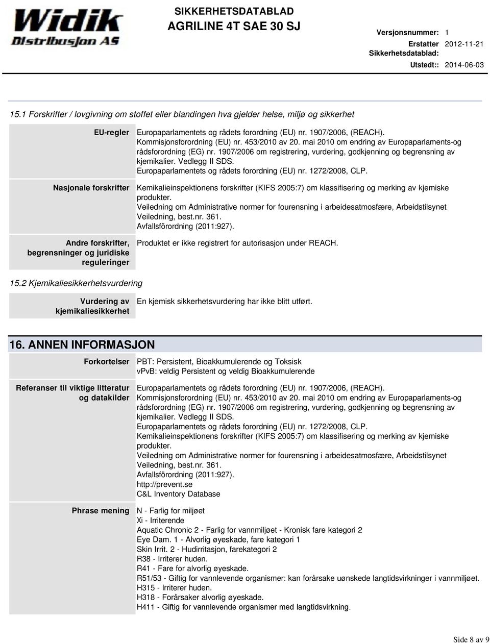 Europaparlamentets og rådets forordning (EU) nr. 1907/2006, (REACH). Kommisjonsforordning (EU) nr. 453/2010 av 20. mai 2010 om endring av Europaparlamentsog rådsforordning (EG) nr.