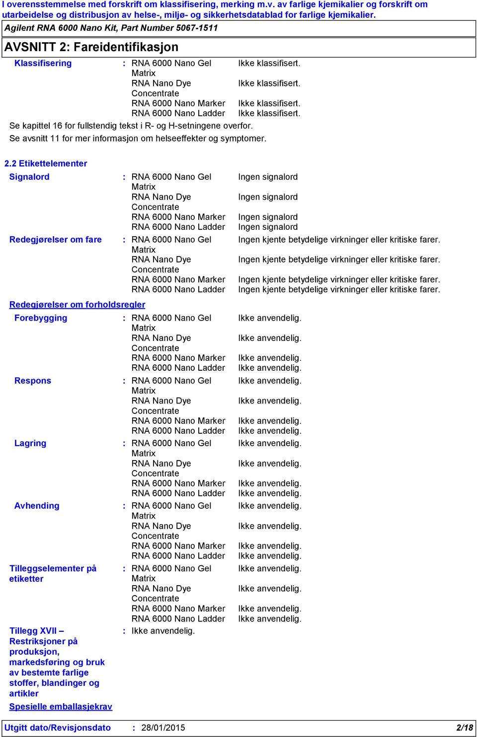 2 Etikettelementer Signalord Redegjørelser om fare Redegjørelser om forholdsregler Forebygging Respons Lagring Avhending Tilleggselementer på etiketter Tillegg