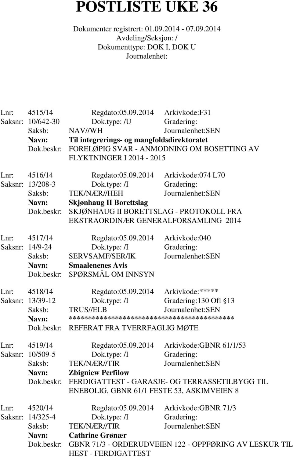 type: /I Gradering: Saksb: TEK/NÆR//HEH SEN Navn: Skjønhaug II Borettslag Dok.beskr: SKJØNHAUG II BORETTSLAG - PROTOKOLL FRA EKSTRAORDINÆR GENERALFORSAMLING 2014 Lnr: 4517/14 Regdato:05.09.