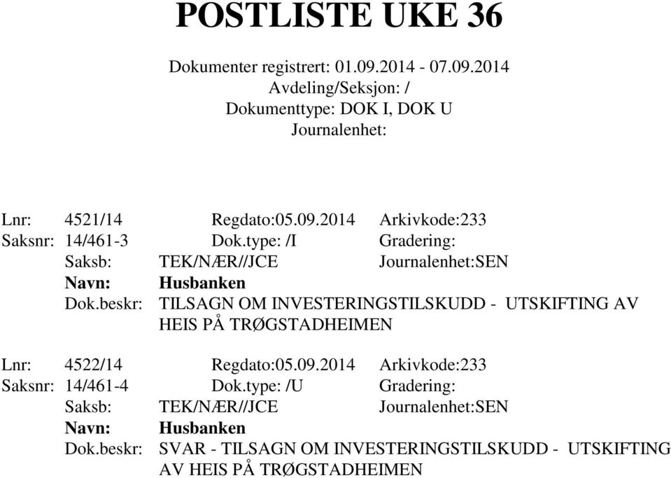 beskr: TILSAGN OM INVESTERINGSTILSKUDD - UTSKIFTING AV HEIS PÅ TRØGSTADHEIMEN Lnr: 4522/14 Regdato:05.09.