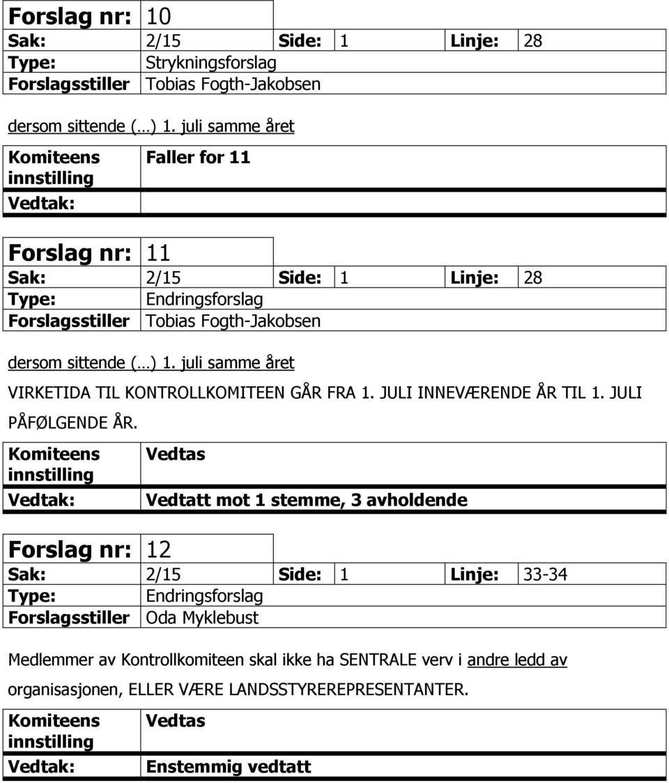 juli samme året VIRKETIDA TIL KONTROLLKOMITEEN GÅR FRA 1. JULI INNEVÆRENDE ÅR TIL 1. JULI PÅFØLGENDE ÅR.