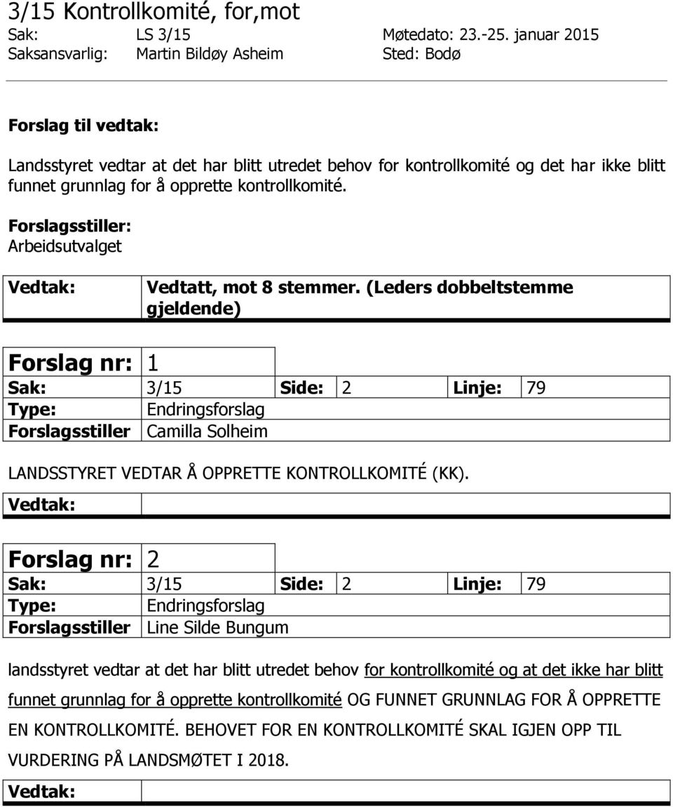 Arbeidsutvalget Vedtatt, mot 8 stemmer. (Leders dobbeltstemme gjeldende) Forslag nr: 1 Sak: 3/15 Side: 2 Linje: 79 Forslagsstiller Camilla Solheim LANDSSTYRET VEDTAR Å OPPRETTE KONTROLLKOMITÉ (KK).