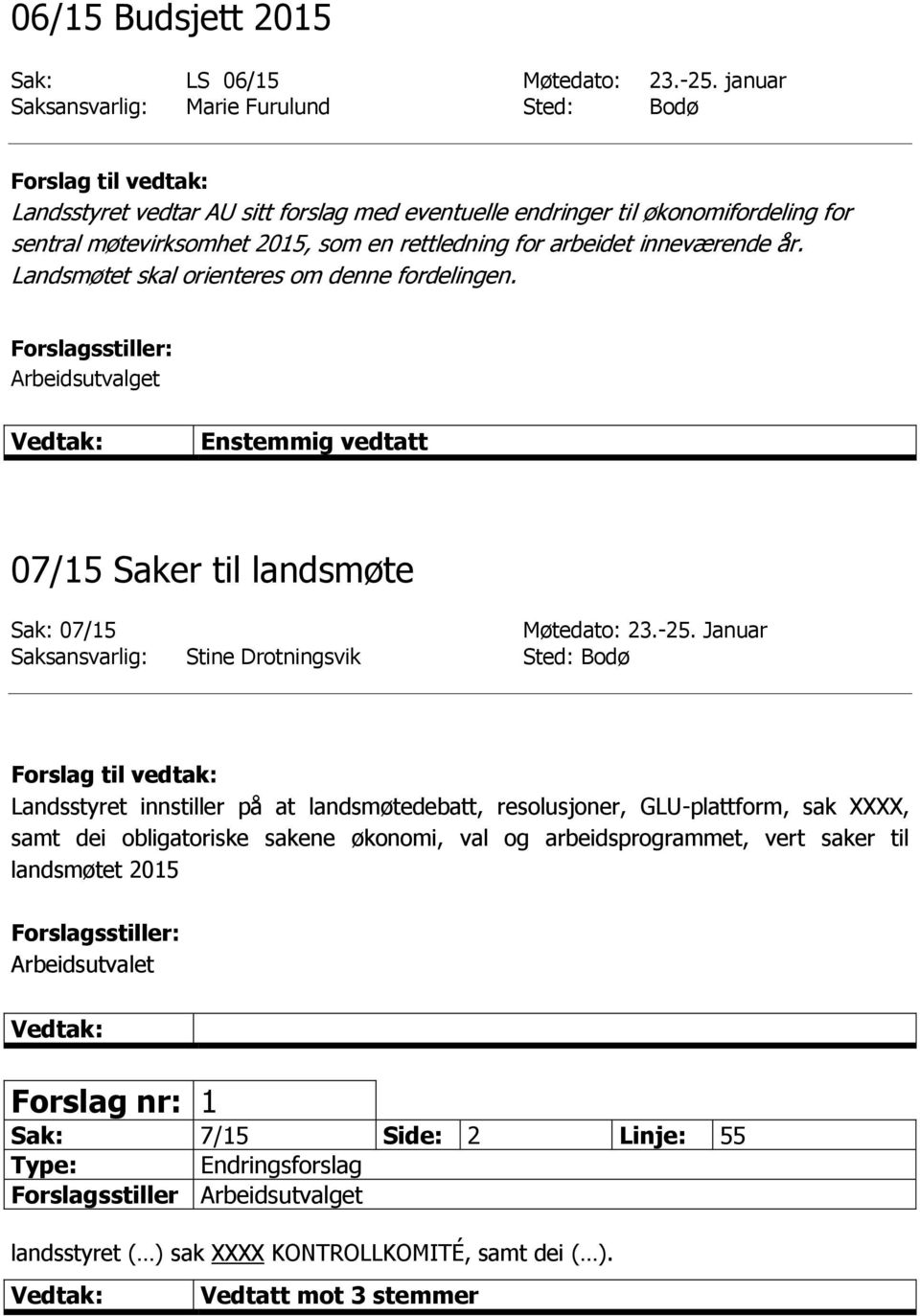 inneværende år. Landsmøtet skal orienteres om denne fordelingen. Arbeidsutvalget 07/15 Saker til landsmøte Sak: 07/15 Møtedato: 23.-25.