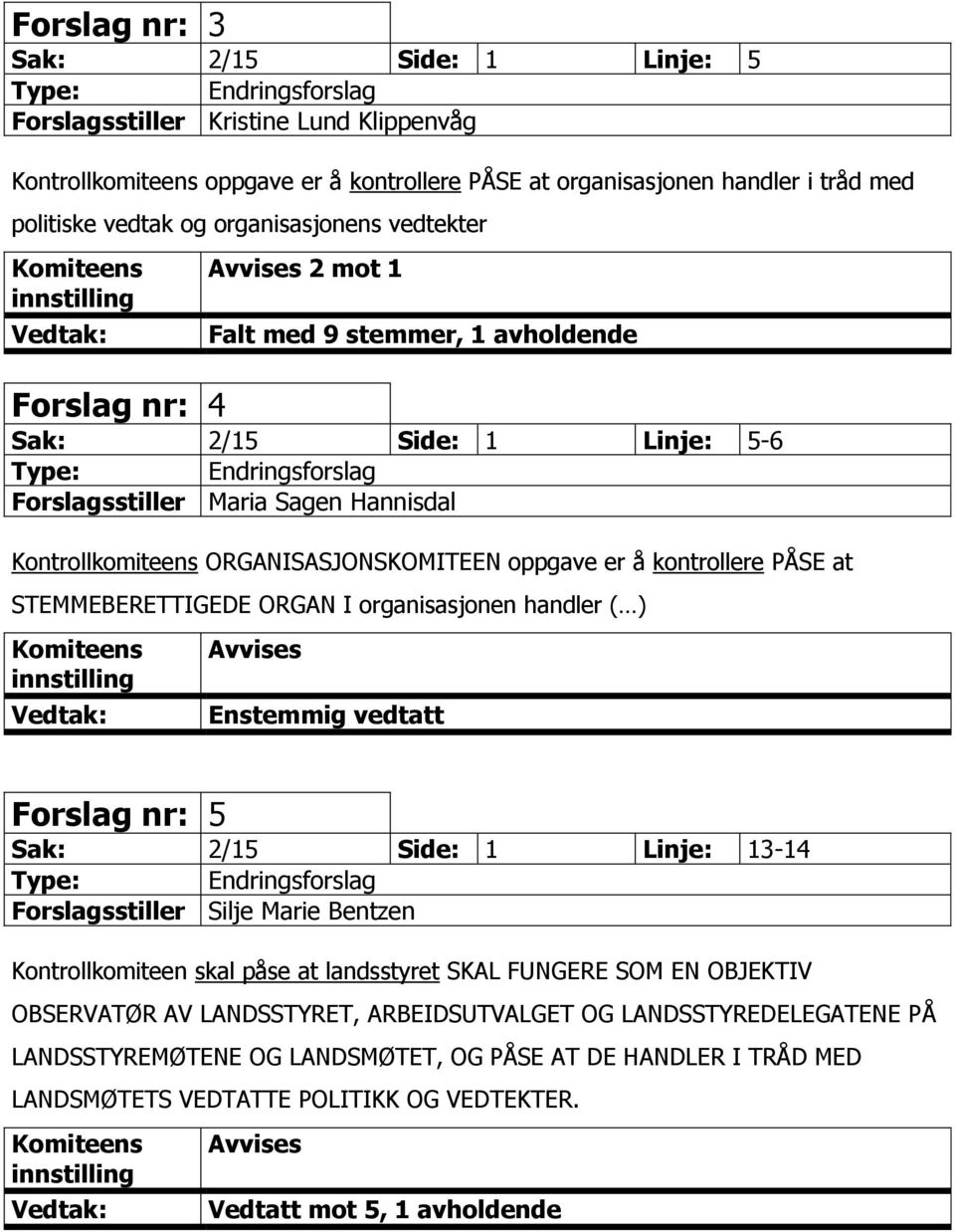 oppgave er å kontrollere PÅSE at STEMMEBERETTIGEDE ORGAN I organisasjonen handler ( ) Avvises Forslag nr: 5 Sak: 2/15 Side: 1 Linje: 13-14 Forslagsstiller Silje Marie Bentzen Kontrollkomiteen skal