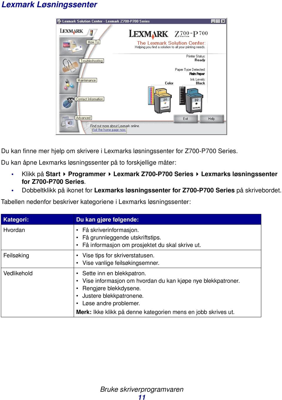 Dobbeltklikk på ikonet for Lexmarks løsningssenter for Z700-P700 Series på skrivebordet.