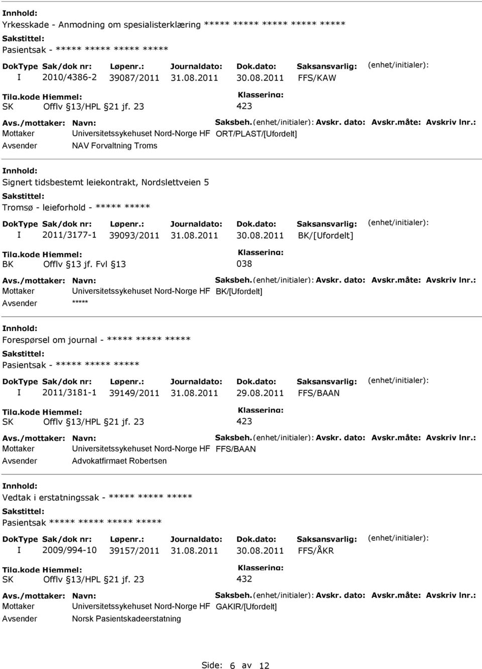 : Mottaker niversitetssykehuset Nord-Norge HF ORT/LAST/[fordelt] NAV Forvaltning Troms Signert tidsbestemt leiekontrakt, Nordslettveien 5 Tromsø - leieforhold - ***** ***** 2011/3177-1 39093/2011