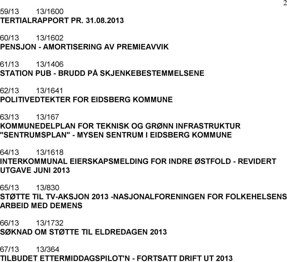 EIDSBERG KOMMUNE 63/13 13/167 KOMMUNEDELPLAN FOR TEKNISK OG GRØNN INFRASTRUKTUR "SENTRUMSPLAN" - MYSEN SENTRUM I EIDSBERG KOMMUNE 64/13 13/1618