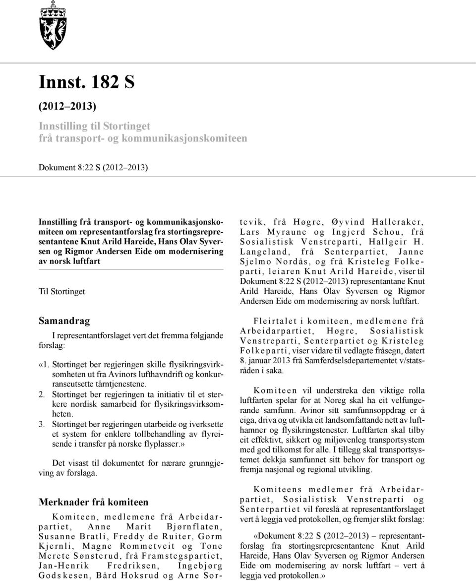 stortingsrepresentantene Knut Arild Hareide, Hans Olav Syversen og Rigmor Andersen Eide om modernisering av norsk luftfart Til Stortinget Samandrag I representantforslaget vert det fremma følgjande