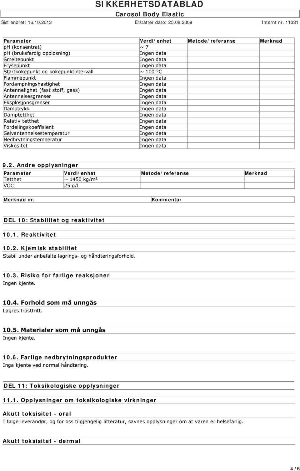 Andre opplysninger Parameter Verdi/enhet Metode/referanse Merknad Tetthet ~ 1450 kg/m³ VOC 25 g/l Merknad nr. Kommentar DEL 10: Stabilitet og reaktivitet 10.1. Reaktivitet 10.2. Kjemisk stabilitet Stabil under anbefalte lagrings og håndteringsforhold.