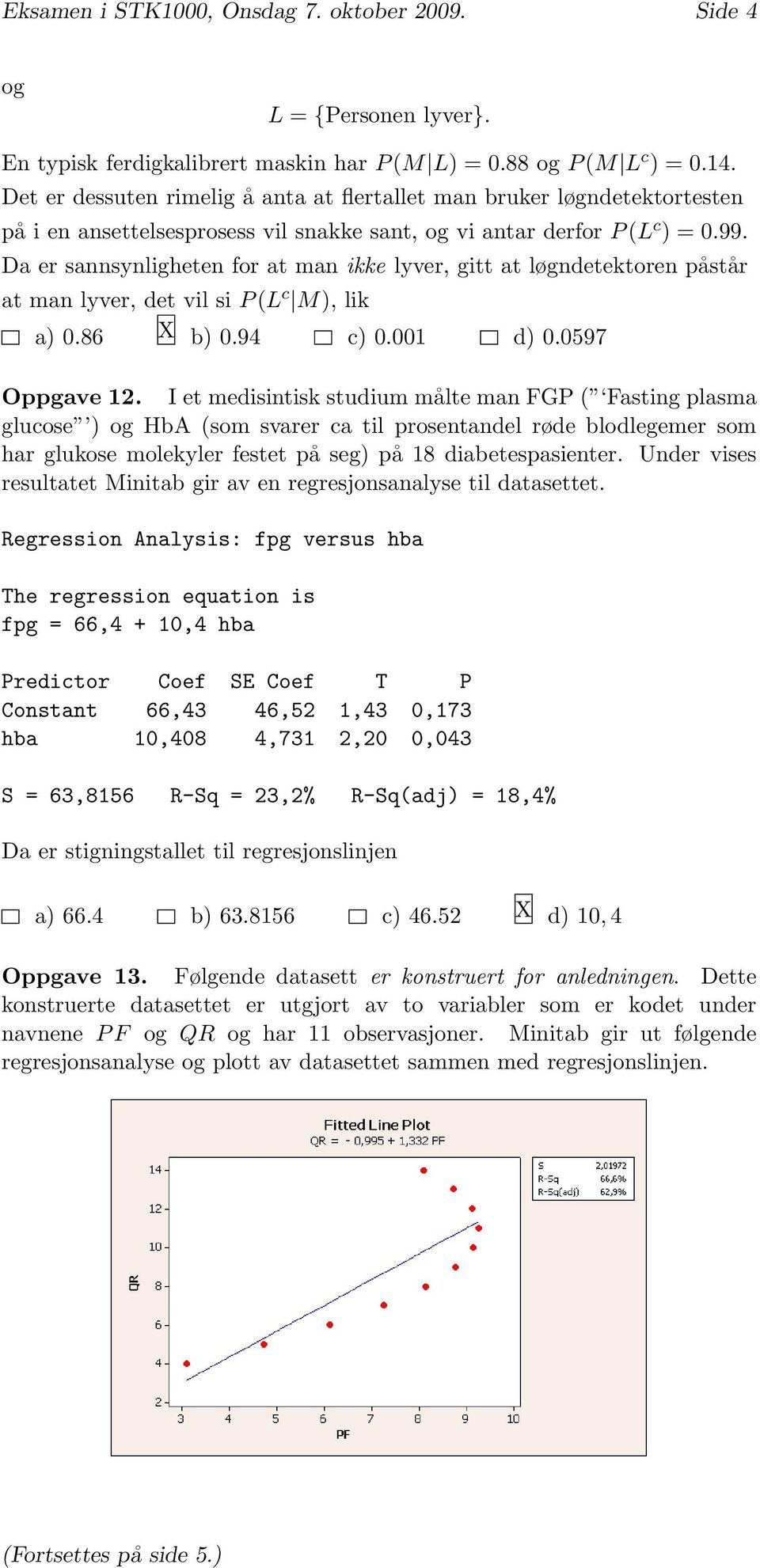 Da er sannsynligheten for at man ikke lyver, gitt at løgndetektoren påstår at man lyver, det vil si P (L c M), lik a) 0.86 X b) 0.94 c) 0.001 d) 0.0597 Oppgave 12.