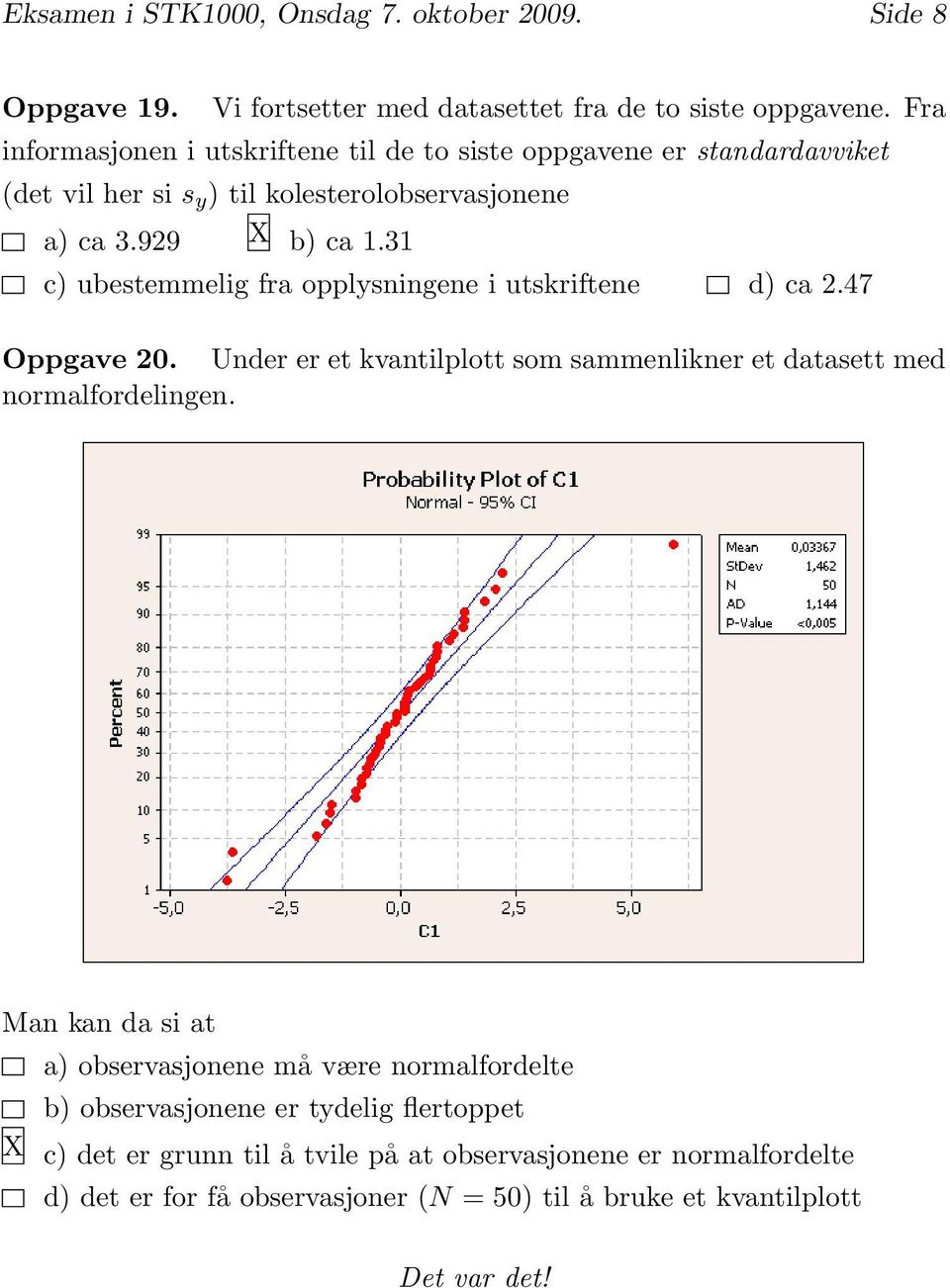 31 c) ubestemmelig fra opplysningene i utskriftene d) ca 2.47 Oppgave 20. Under er et kvantilplott som sammenlikner et datasett med normalfordelingen.