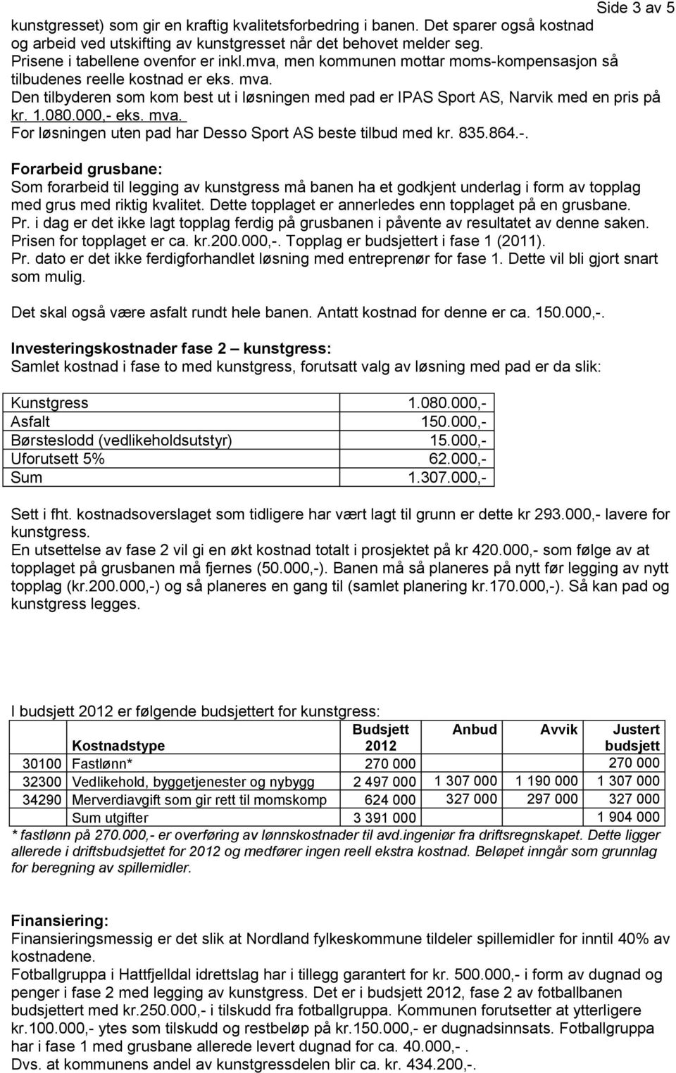 Den tilbyderen som kom best ut i løsningen med pad er IPAS Sport AS, Narvik med en pris på kr. 1.080.000,- 