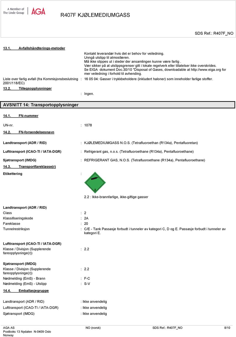 Se EIGA dokument Doc.30/10 "Disposal of Gases, downloadable at http://www.eiga.org for mer veiledning i forhold til avhending.