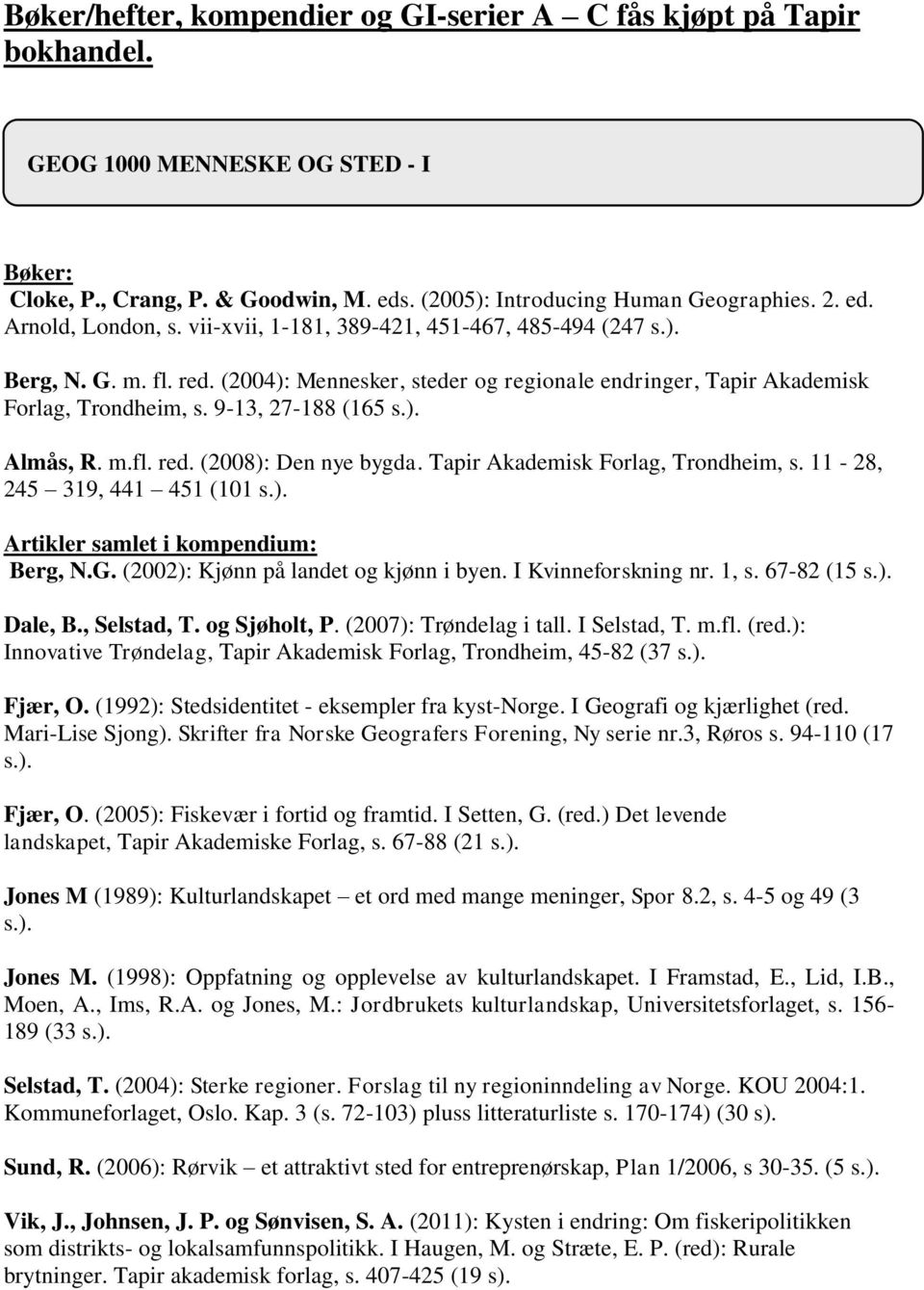Tapir Akademisk Forlag, Trondheim, s. 11-28, 245 319, 441 451 (101 s.). Artikler samlet i kompendium: Berg, N.G. (2002): Kjønn på landet og kjønn i byen. I Kvinneforskning nr. 1, s. 67-82 (15 s.). Dale, B.