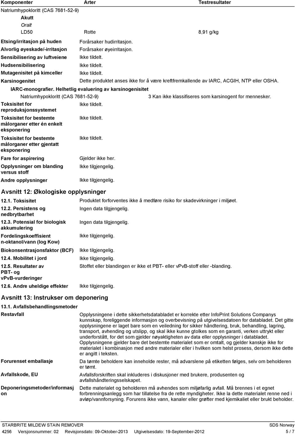 Helhetlig evaluering av karsinogenisitet Toksisitet for reproduksjonssystemet Toksisitet for bestemte målorganer etter én enkelt eksponering 3 Kan ikke klassifiseres som karsinogent for mennesker.