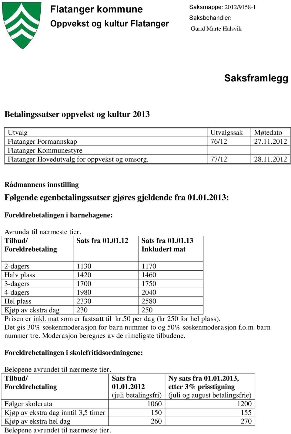 2012 Flatanger Kommunestyre Flatanger Hovedutvalg for oppvekst og omsorg. 77/12 28.11.