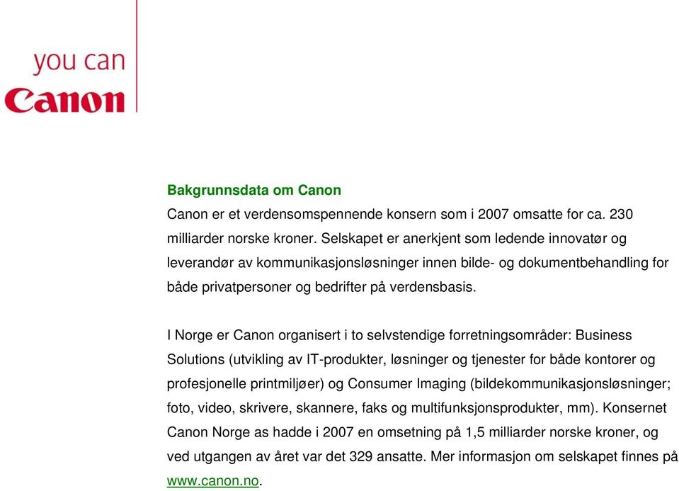 I Norge er Canon organisert i to selvstendige forretningsområder: Business Solutions (utvikling av IT-produkter, løsninger og tjenester for både kontorer og profesjonelle printmiljøer) og