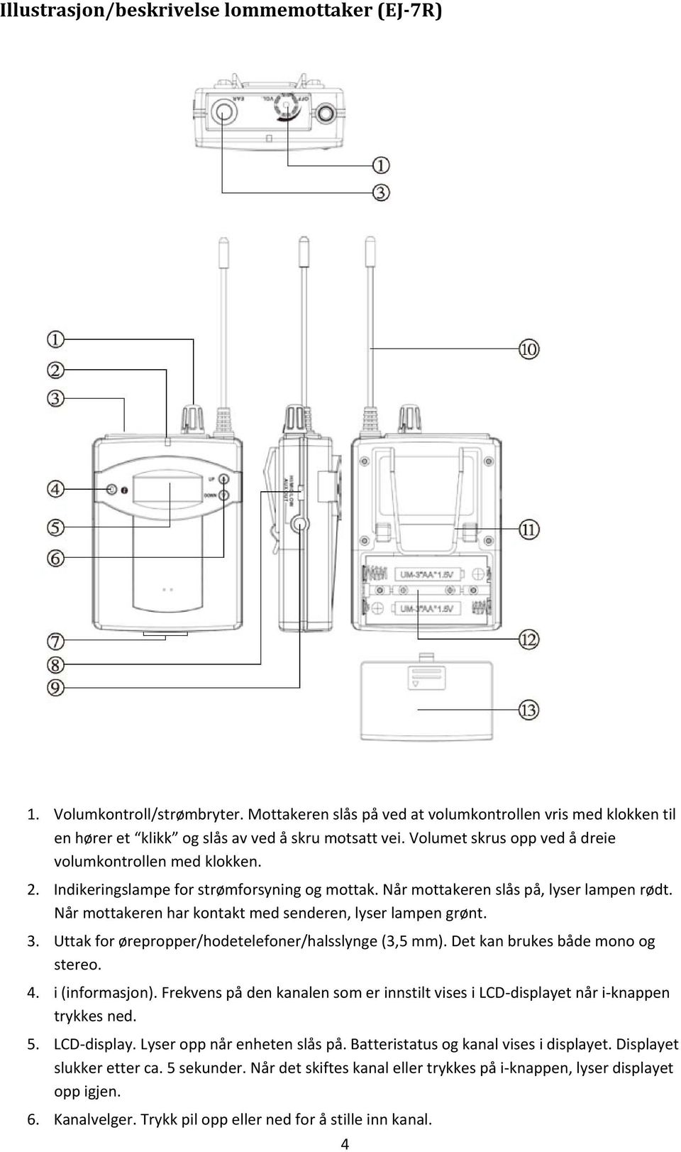 Når mottakeren har kontakt med senderen, lyser lampen grønt. 3. Uttak for ørepropper/hodetelefoner/halsslynge (3,5 mm). Det kan brukes både mono og stereo. 4. i (informasjon).