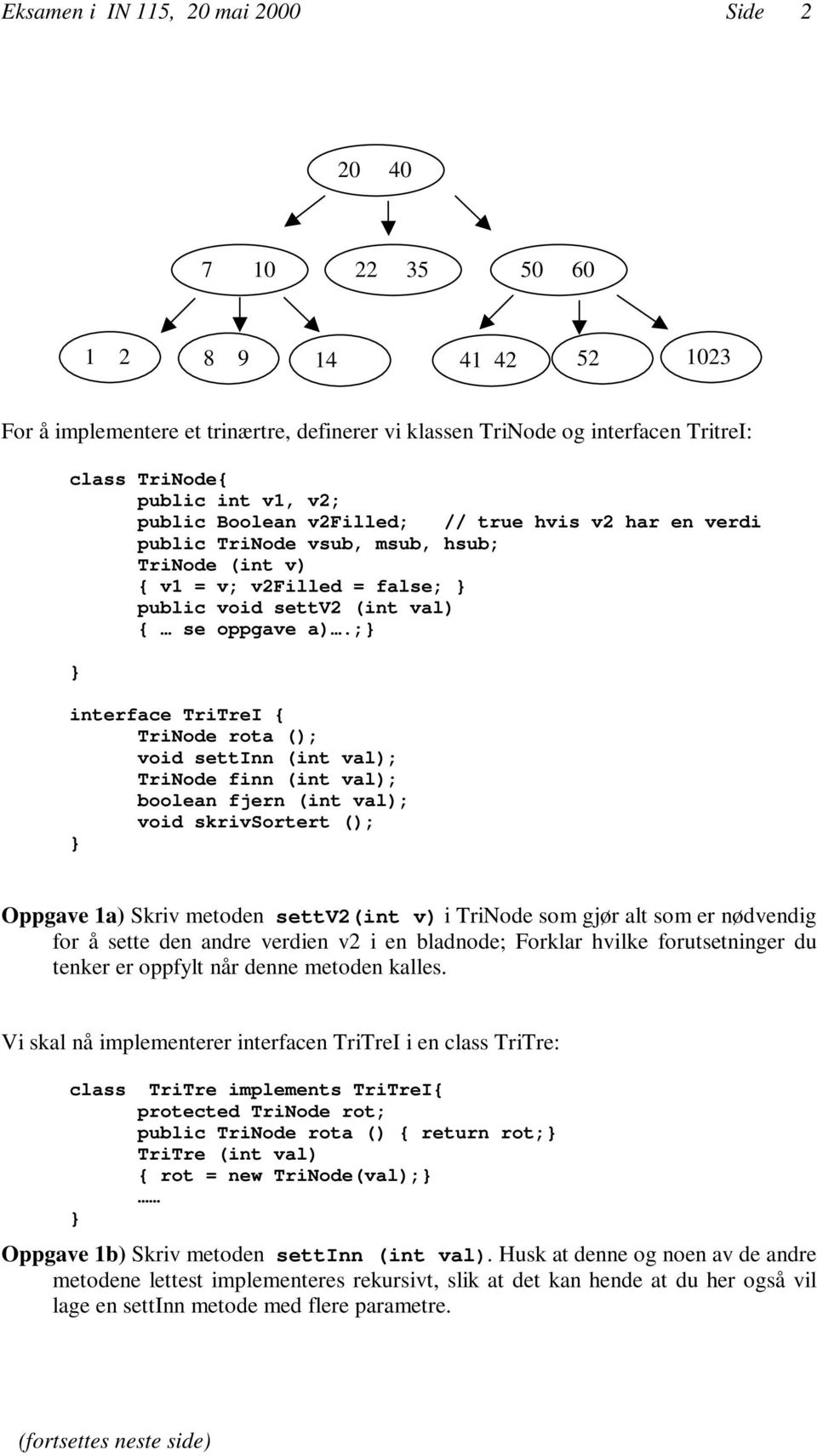 ; interface TriTreI { TriNode rota (); void settinn (int val); TriNode finn (int val); boolean fjern (int val); void skrivsortert (); Oppgave 1a) Skriv metoden settv2(int v) i TriNode som gjør alt