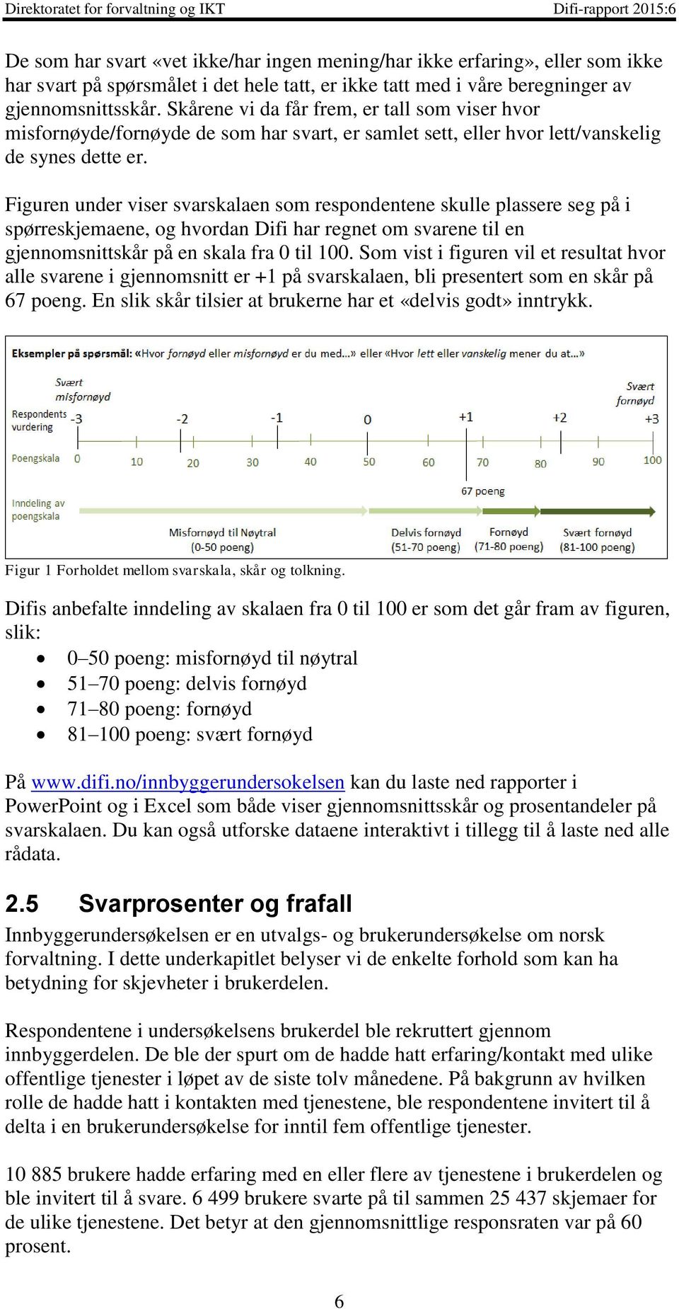 Figuren under viser svarskalaen som respondentene skulle plassere seg på i spørreskjemaene, og hvordan Difi har regnet om svarene til en gjennomsnittskår på en skala fra 0 til 100.