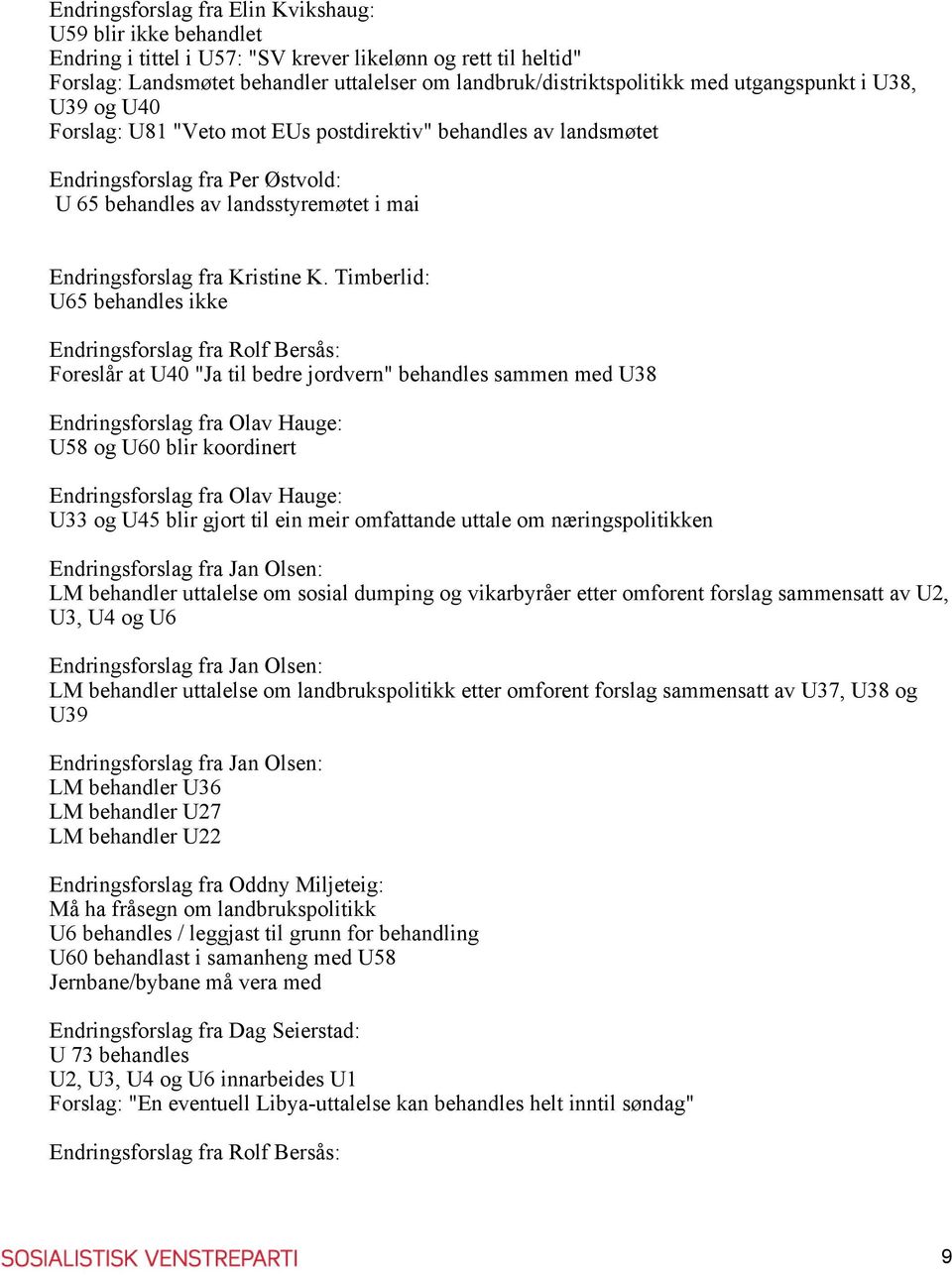 Timberlid: U65 behandles ikke Endringsforslag fra Rolf Bersås: Foreslår at U40 "Ja til bedre jordvern" behandles sammen med U38 Endringsforslag fra Olav Hauge: U58 og U60 blir koordinert