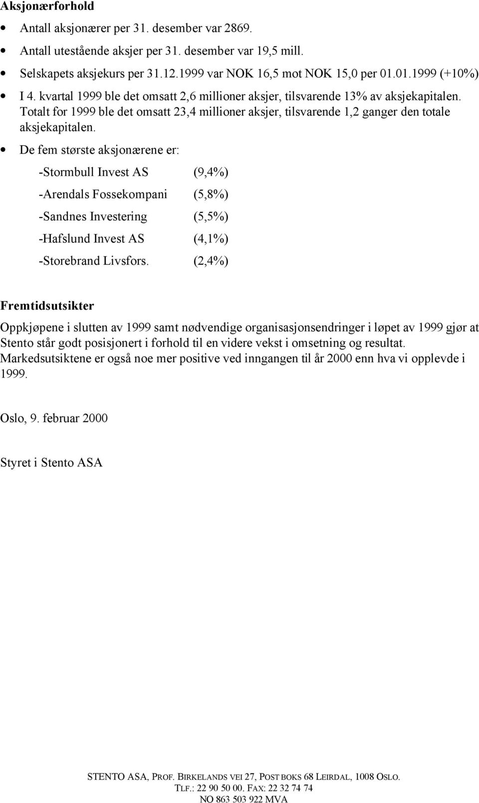 Totalt for 1999 ble det omsatt 23,4 millioner aksjer, tilsvarende 1,2 ganger den totale aksjekapitalen.