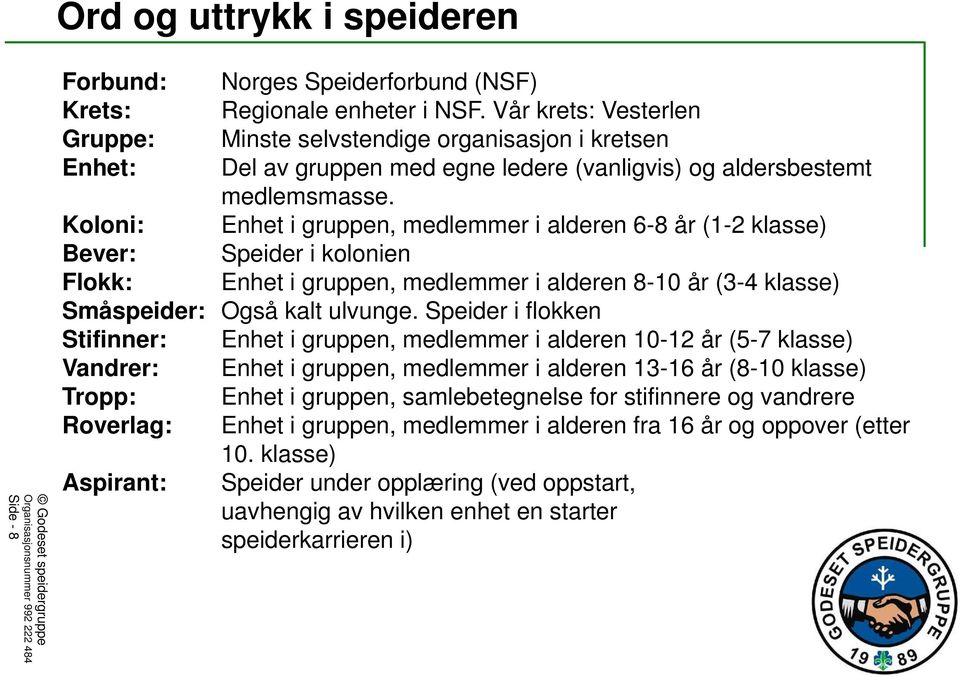 Koloni: Enhet i gruppen, medlemmer i alderen 6-8 år (1-2 klasse) Bever: Speider i kolonien Flokk: Enhet i gruppen, medlemmer i alderen 8-10 år (3-4 klasse) Småspeider: Også kalt ulvunge.