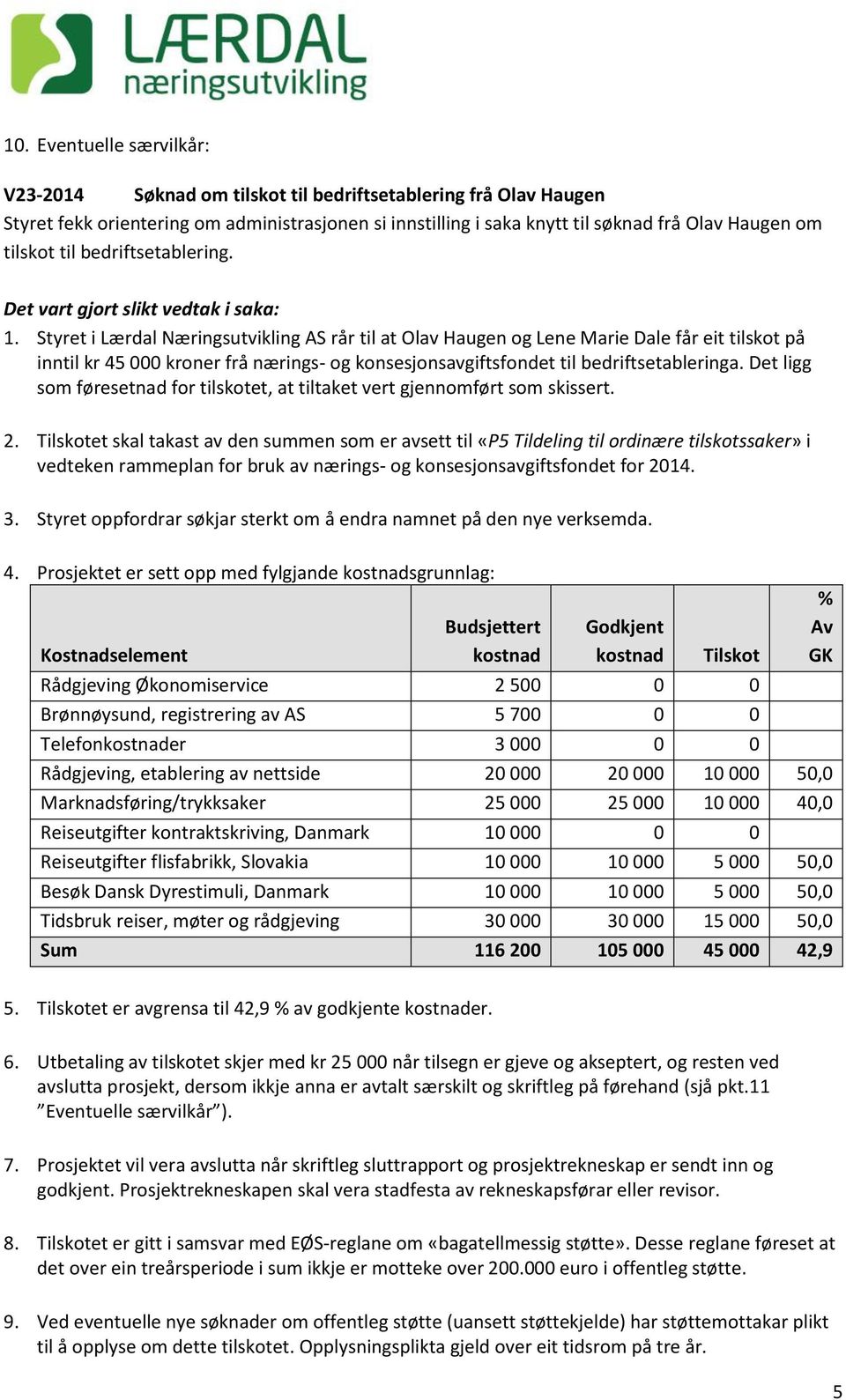 Styret i Lærdal Næringsutvikling AS rår til at Olav Haugen og Lene Marie Dale får eit tilskot på inntil kr 45 000 kroner frå nærings- og konsesjonsavgiftsfondet til bedriftsetableringa.