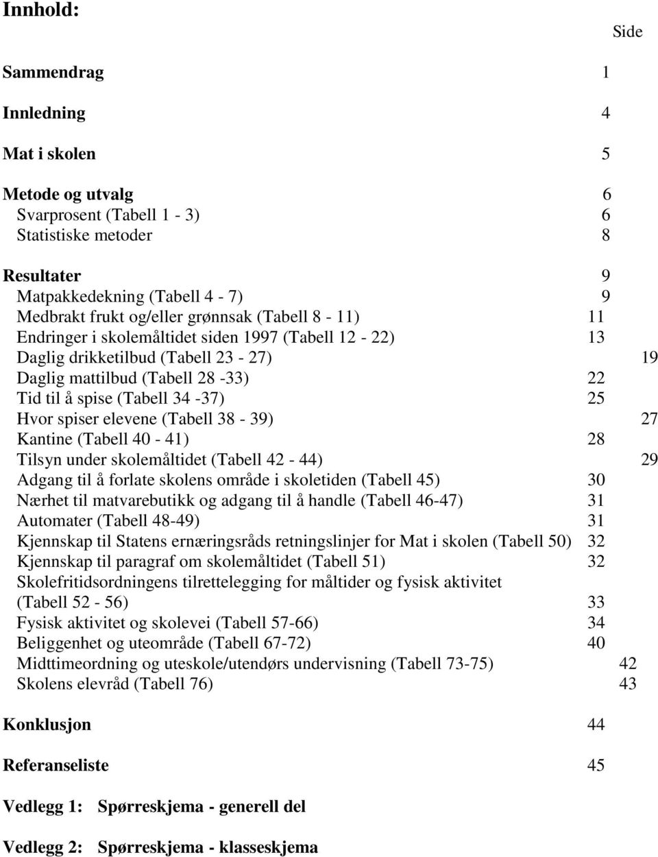 (Tabell 38-39) 27 Kantine (Tabell 40-41) 28 Tilsyn under skolemåltidet (Tabell 42-44) 29 Adgang til å forlate skolens område i skoletiden (Tabell 45) 30 Nærhet til matvarebutikk og adgang til å