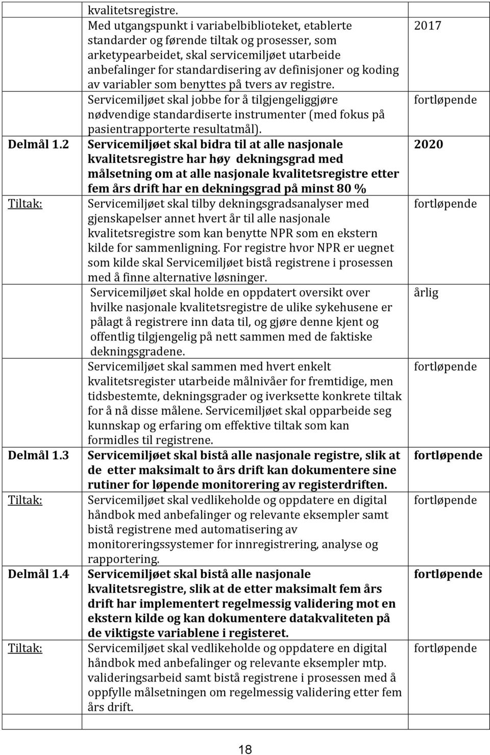 koding av variabler som benyttes på tvers av registre. Servicemiljøet skal jobbe for å tilgjengeliggjøre nødvendige standardiserte instrumenter (med fokus på pasientrapporterte resultatmål).