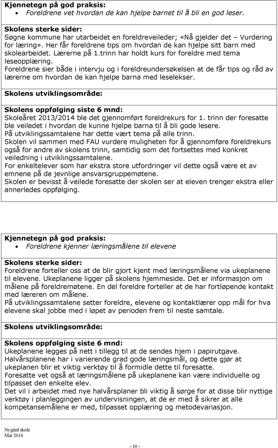 Foreldrene sier både i intervju og i foreldreundersøkelsen at de får tips og råd av lærerne om hvordan de kan hjelpe barna med leselekser. Skoleåret 2013/2014 ble det gjennomført foreldrekurs for 1.