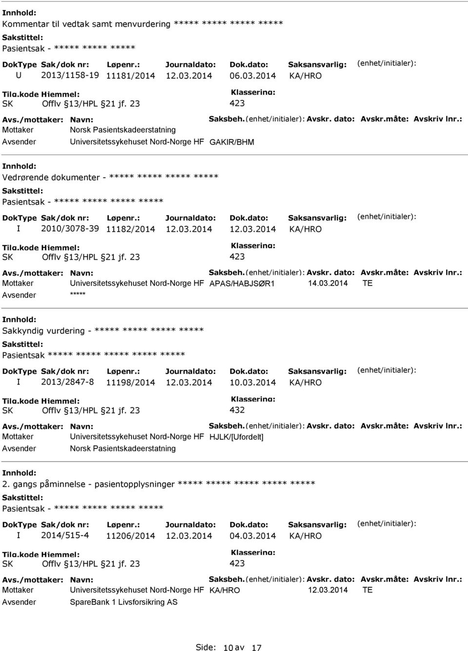 dato: Avskr.måte: Avskriv lnr.: Mottaker niversitetssykehuset Nord-Norge HF APAS/HABJSØR1 14.03.2014 TE ***** Sakkyndig vurdering - ***** ***** ***** ***** 2013/2847-8 11198/2014 10.03.2014 432 Avs.