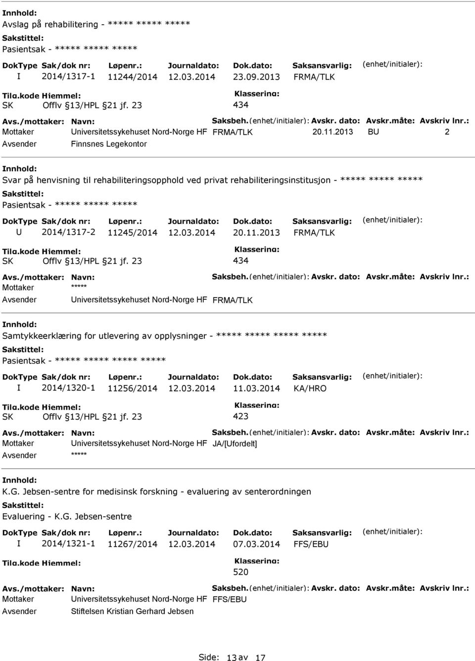 2013 B 2 Finnsnes Legekontor Svar på henvisning til rehabiliteringsopphold ved privat rehabiliteringsinstitusjon - ***** ***** ***** 2014/1317-2 11245/2014 20.11.2013 FRMA/TLK 434 Avs.