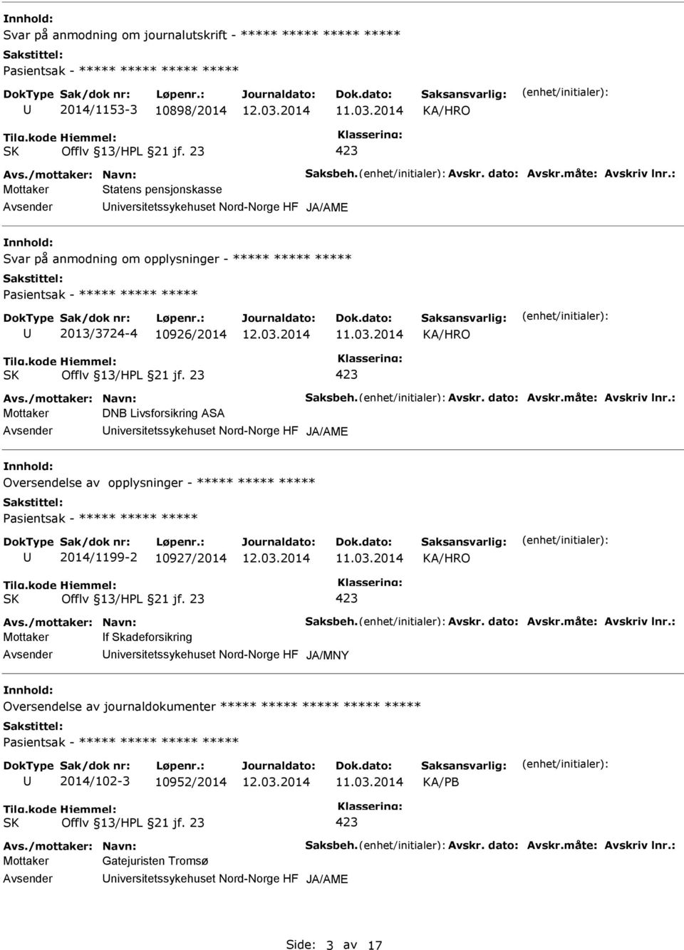 måte: Avskriv lnr.: Mottaker DNB Livsforsikring ASA niversitetssykehuset Nord-Norge HF Oversendelse av opplysninger - ***** ***** ***** 2014/1199-2 10927/2014 Avs./mottaker: Navn: Saksbeh. Avskr. dato: Avskr.