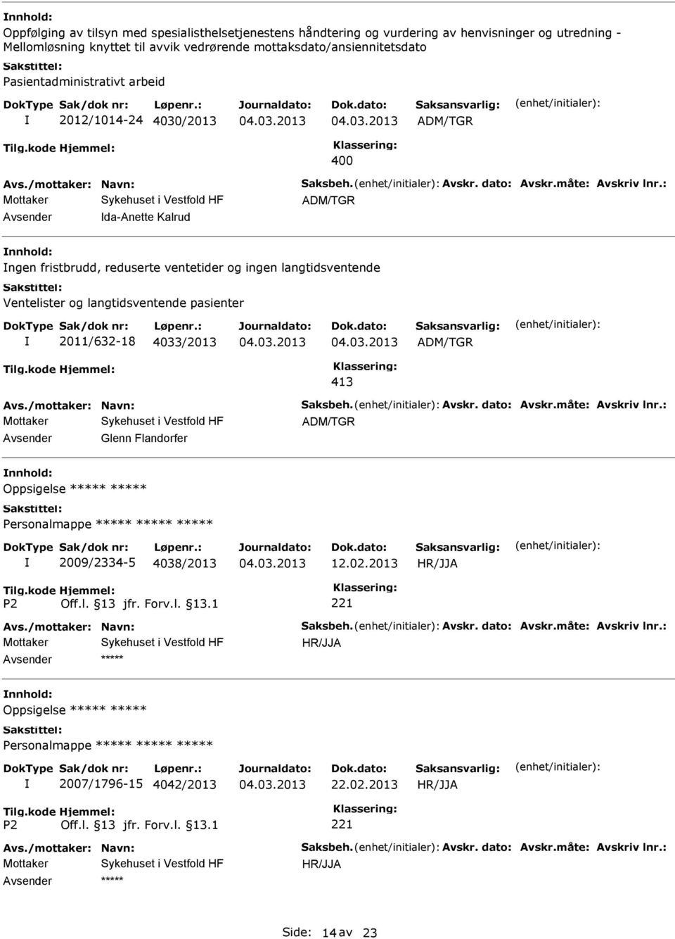 : ADM/TGR da-anette Kalrud ngen fristbrudd, reduserte ventetider og ingen langtidsventende Ventelister og langtidsventende pasienter 2011/632-18 4033/2013 ADM/TGR 413 Avs./mottaker: Navn: Saksbeh.