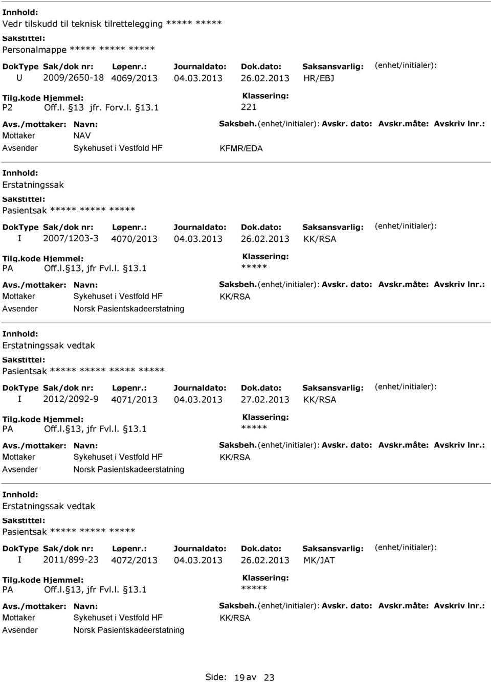 : KK/RSA Norsk Pasientskadeerstatning Erstatningssak vedtak Pasientsak 2012/2092-9 4071/2013 KK/RSA Avs./mottaker: Navn: Saksbeh. Avskr. dato: Avskr.måte: Avskriv lnr.