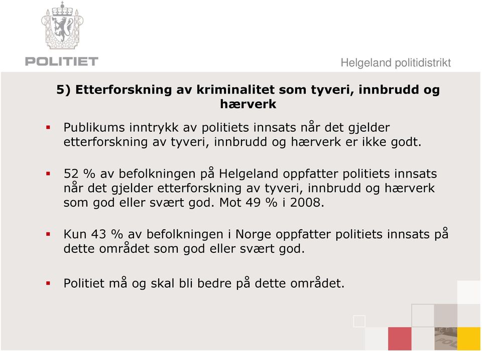52 % av befolkningen på Helgeland oppfatter politiets innsats når det gjelder etterforskning av tyveri, innbrudd og hærverk