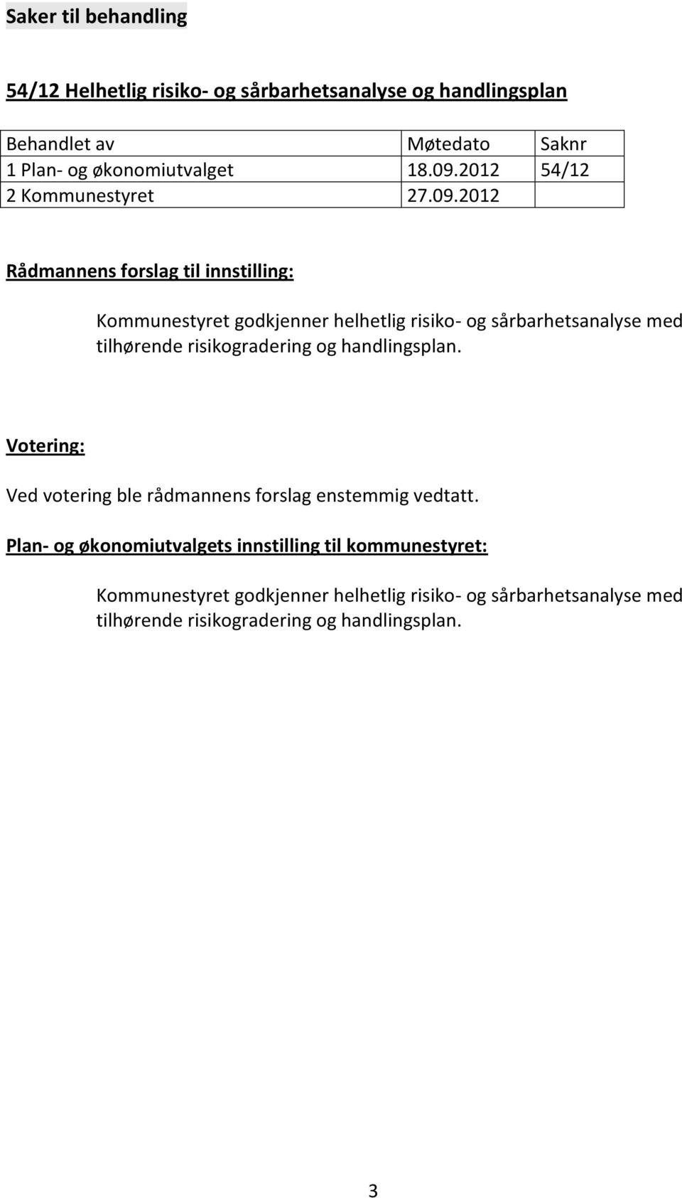 2012 Rådmannens forslag til innstilling: Kommunestyret godkjenner helhetlig risiko- og sårbarhetsanalyse med